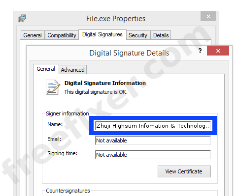 Screenshot of the Zhuji Highsum Infomation & Technology Co.,Ltd certificate
